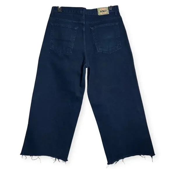 Vintage SOLO SEMORE Wide Leg Jeans SIZE 34 x 27 Indigo RAW HEM Dark Indigo Denim